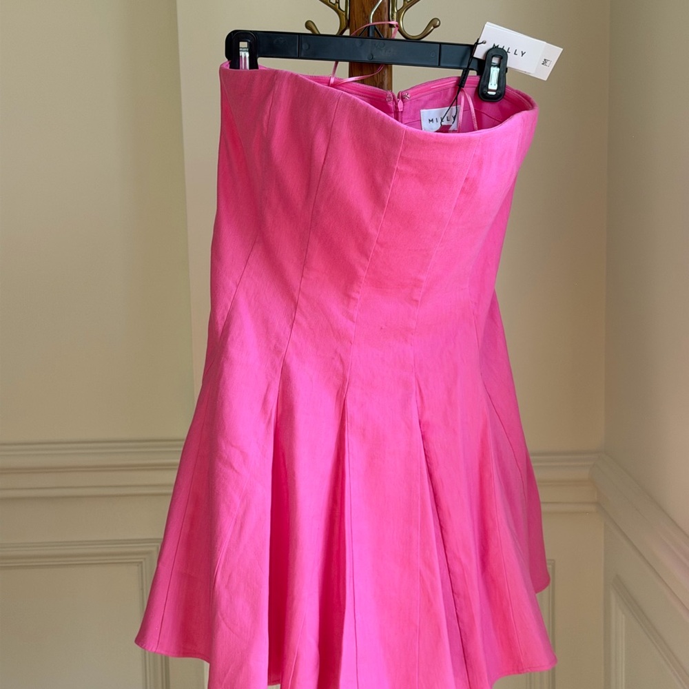 NWT! Milly Vibrant Pink Strapless Linen Pleated Mini Dress